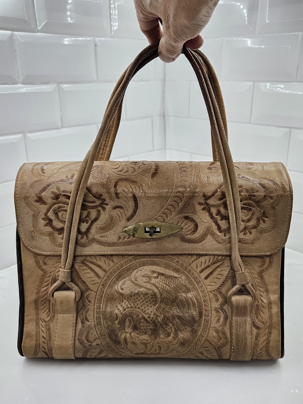 VTG Corvi Piel Mexico Hand Tooled Leather Aztec Calendar Floral Tan Lg Handbag